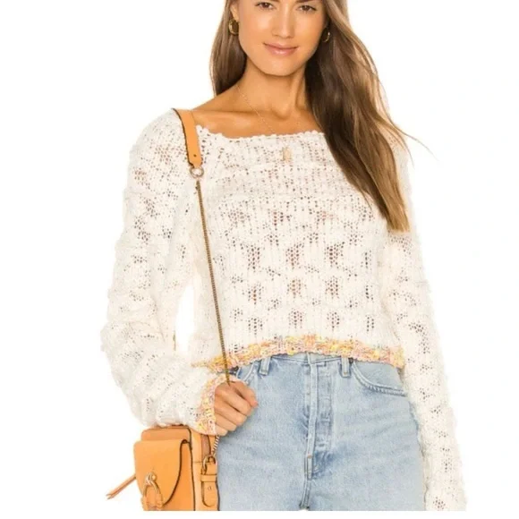 Free People Ivory West Palm Pullover Sweater with Colorful Trim Size XS - Picture 3 of 11